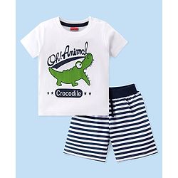 Babyhug Cotton Knit Half Sleeves Night Suit Crocodile Print - White