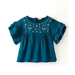 Babyhug Rayon Half Sleeves Woven Top with Floral Embroidery & Frill Detailing - Blue