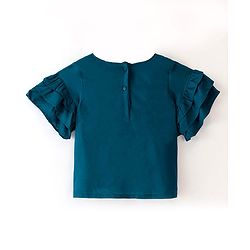 Babyhug Rayon Half Sleeves Woven Top with Floral Embroidery & Frill Detailing - Blue