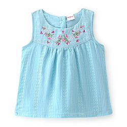 Babyhug Cotton Woven Sleeveless Top with Floral Embroidery - Light Blue