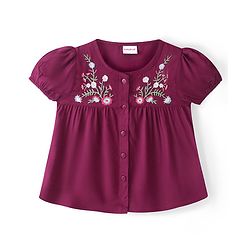 Babyhug Rayon Woven Half Sleeves Top with Floral Embroidery -Maroon