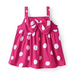 Babyhug Rayon Woven Sleeveless Top With Bow Applique & Polka Dot Print- Pink