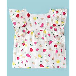 Babyhug Rayon Woven Sleeveless Top With Frill Detailing & Fruits Print - White