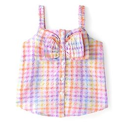 Babyhug Seer Sucker Woven Singlet Sleeves Checked Top Bow Applique - Multicolor