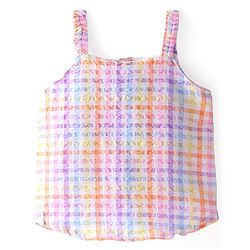 Babyhug Seer Sucker Woven Singlet Sleeves Checked Top Bow Applique - Multicolor