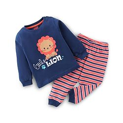 Babyhug Cotton Knit Full Sleeves Night Suit Lion & Strip Print -Blue & Red