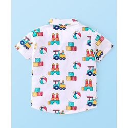 Babyhug Cotton Knit Half Sleeves Shirt & Denim Shorts Set With Toys Print - White Blue