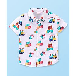 Babyhug Cotton Knit Half Sleeves Shirt & Denim Shorts Set With Toys Print - White Blue