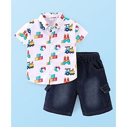 Babyhug Cotton Knit Half Sleeves Shirt & Denim Shorts Set With Toys Print - White Blue