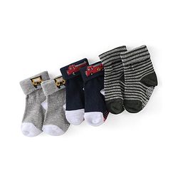 Cute Walk by Babyhug Anti Bacterial Cotton Knit Anti Skid Ankle Length Socks Strip Design Pack Of 3- Black & Grey