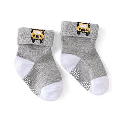 Cute Walk by Babyhug Anti Bacterial Cotton Knit Anti Skid Ankle Length Socks Strip Design Pack Of 3- Black & Grey