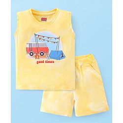 Babyhug 100% Cotton Sleeveless T-Shirt & Shorts With Camp Theme Print - Yellow