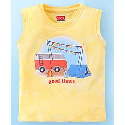 Babyhug 100% Cotton Sleeveless T-Shirt & Shorts With Camp Theme Print - Yellow