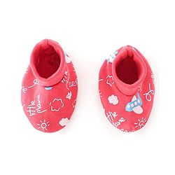 Babyhug 100% Cotton Knit Mittens & Booties Set Airplane & Text Print- Red
