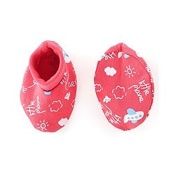 Babyhug 100% Cotton Knit Mittens & Booties Set Airplane & Text Print- Red
