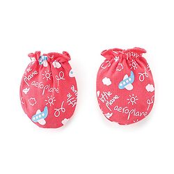 Babyhug 100% Cotton Knit Mittens & Booties Set Airplane & Text Print- Red
