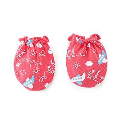 Babyhug 100% Cotton Knit Mittens & Booties Set Airplane & Text Print- Red