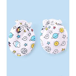 Babyhug 100% Cotton Knit Mittens & Booties Set Space Print- White