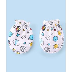Babyhug 100% Cotton Knit Mittens & Booties Set Space Print- White