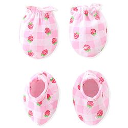 Babyhug 100% Cotton Knit Mittens & Booties Set Strawberry & Checks  Print- Pink