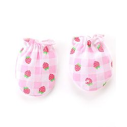 Babyhug 100% Cotton Knit Mittens & Booties Set Strawberry & Checks  Print- Pink