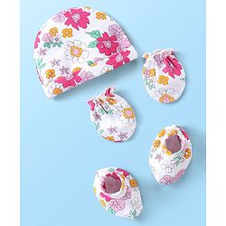 Babyhug 100% Cotton Knit Cap Mittens & Booties With Floral Print White - Diameter 10 cm