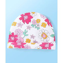 Babyhug 100% Cotton Knit Cap Mittens & Booties With Floral Print White - Diameter 10 cm