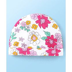 Babyhug 100% Cotton Knit Cap Mittens & Booties With Floral Print White - Diameter 10 cm