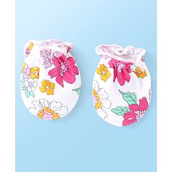 Babyhug 100% Cotton Knit Cap Mittens & Booties With Floral Print White - Diameter 10 cm