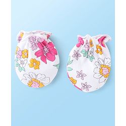 Babyhug 100% Cotton Knit Cap Mittens & Booties With Floral Print White - Diameter 10 cm