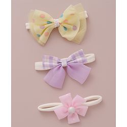 Babyhug Free Size Bow & Flower Headband Checked Polka Dot Print Pack of 3 - Yellow Purple & Light Pink