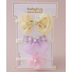 Babyhug Free Size Bow & Flower Headband Checked Polka Dot Print Pack of 3 - Yellow Purple & Light Pink