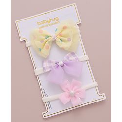 Babyhug Free Size Bow & Flower Headband Checked Polka Dot Print Pack of 3 - Yellow Purple & Light Pink