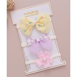 Babyhug Free Size Bow & Flower Headband Checked Polka Dot Print Pack of 3 - Yellow Purple & Light Pink