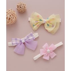 Babyhug Free Size Bow & Flower Headband Checked Polka Dot Print Pack of 3 - Yellow Purple & Light Pink