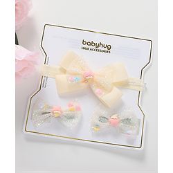 Babyhug Headband & Hair Clips Set with Bow Applique - Beige