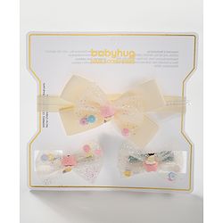 Babyhug Headband & Hair Clips Set with Bow Applique - Beige