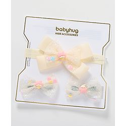 Babyhug Headband & Hair Clips Set with Bow Applique - Beige