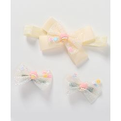 Babyhug Headband & Hair Clips Set with Bow Applique - Beige