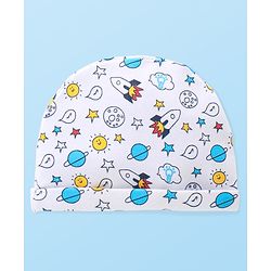 Babyhug 100% Cotton Knitted Cap Mittens & Booties with Space Print- White