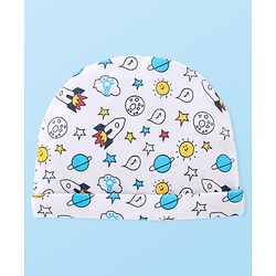 Babyhug 100% Cotton Knitted Cap Mittens & Booties with Space Print- White