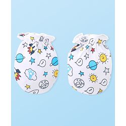 Babyhug 100% Cotton Knitted Cap Mittens & Booties with Space Print- White