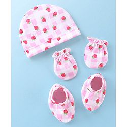 Babyhug 100% Cotton Knit Cap Mittens & Booties With Strawberry Print Pink - Diameter 11.5 cm