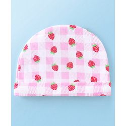 Babyhug 100% Cotton Knit Cap Mittens & Booties With Strawberry Print Pink - Diameter 11.5 cm