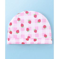 Babyhug 100% Cotton Knit Cap Mittens & Booties With Strawberry Print Pink - Diameter 11.5 cm