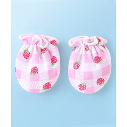 Babyhug 100% Cotton Knit Cap Mittens & Booties With Strawberry Print Pink - Diameter 11.5 cm