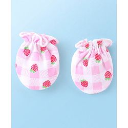 Babyhug 100% Cotton Knit Cap Mittens & Booties With Strawberry Print Pink - Diameter 11.5 cm