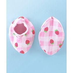Babyhug 100% Cotton Knit Cap Mittens & Booties With Strawberry Print Pink - Diameter 11.5 cm