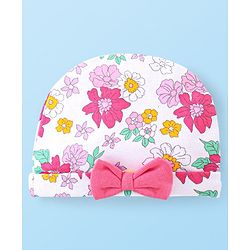 Babyhug 100% Cotton Knit Cap With Bow Applique Floral Print -Multicolor