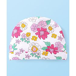 Babyhug 100% Cotton Knit Cap With Bow Applique Floral Print -Multicolor